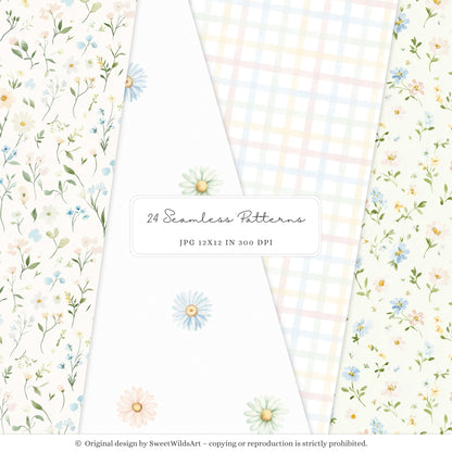 Sweet Classics - Seamless Patterns, Pastel Gingham, Floral Scrapbook Paper, Baby Nursery | 24 JPEG