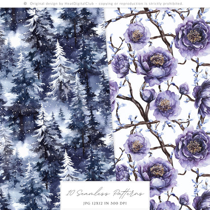 Winter Oracle - Seamless Patterns, Magical, Navy Violet, Mystical Scrapbook  | 10 JPEG