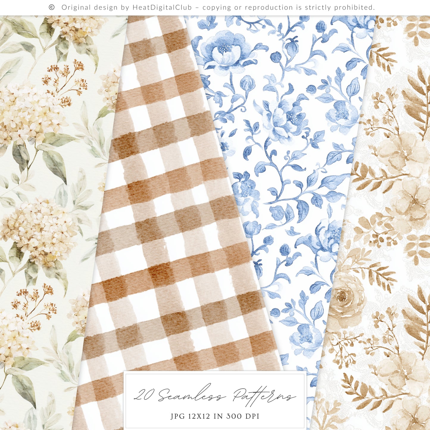 Quiet Cottage - Seamless Patterns, French Cottagecore Hydrangea, Gingham, Chinoiserie, Vintage | 20 JPEG