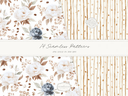 Coffee & Denim - Seamless Patterns, Textile Prints, Coffee Bean Patterns, Blue Brown Denim Fabric | 14 JPEG