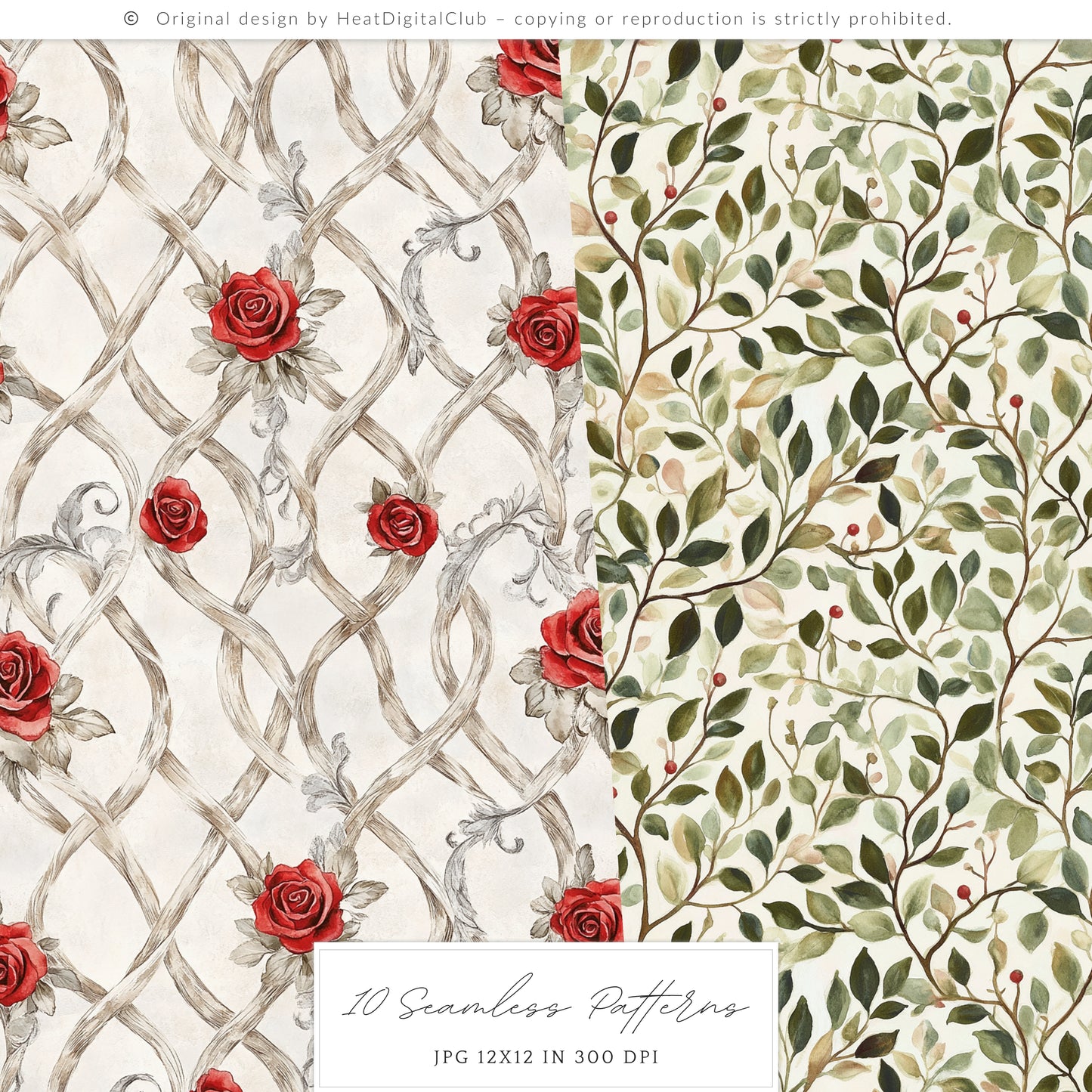 Medievalcore - Gothic Patterns, Red Roses Plaid Chains | 10 JPEG