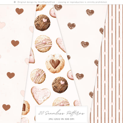 Sweet Romance - Seamless Patterns, Valentine Baking, Pink Brown, Romantic Love | 20 JPEG