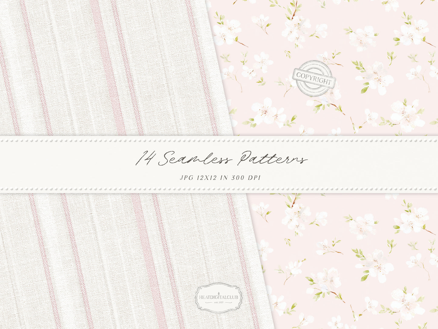 Easter Blush - Seamless Patterns, Chinoiserie Spring, Elegant Light Pink Floral | 14 JPEG