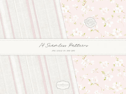 Easter Blush - Seamless Patterns, Chinoiserie Spring, Elegant Light Pink Floral | 14 JPEG