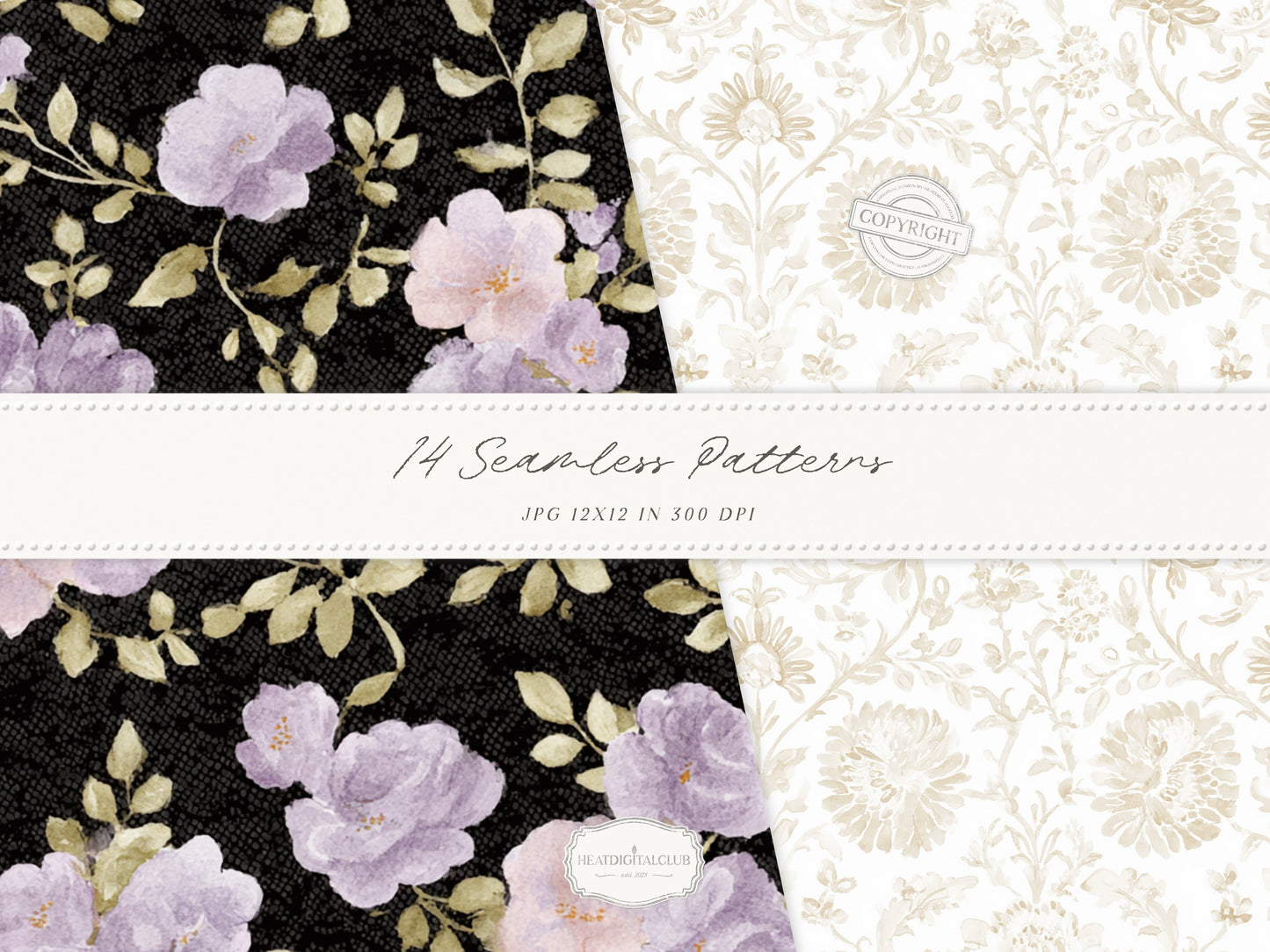 Day & Midnight - Seamless Patterns, Romantic Ivory Dark Floral Patterns, Velvet, Lace, Stars and Peony | 14 JPEG