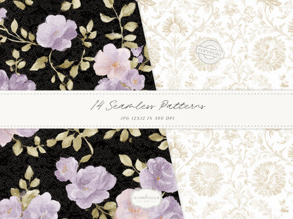 Day & Midnight - Seamless Patterns, Romantic Ivory Dark Floral Patterns, Velvet, Lace, Stars and Peony | 14 JPEG