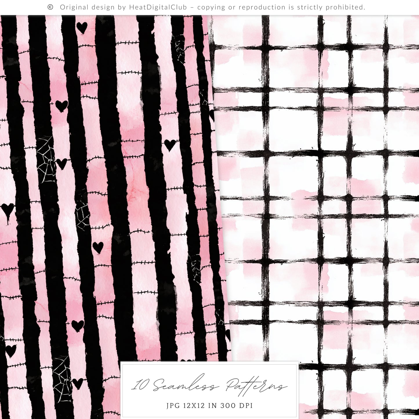 Pretty Haunting - Seamless Patterns, Black & Pink Gothic Halloween, Spooky  | 10 JPEG
