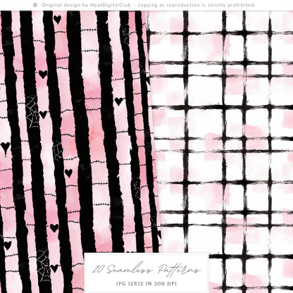 Pretty Haunting - Seamless Patterns, Black & Pink Gothic Halloween, Spooky  | 10 JPEG
