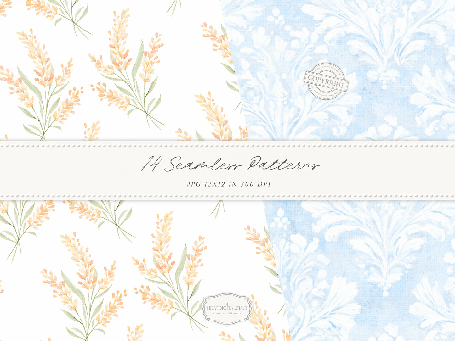 Modern Cinderella - Seamless Patterns, French Blue Floral, Hydrangea, Damask, Stripe, Gingham, Romantic | 14 JPEG