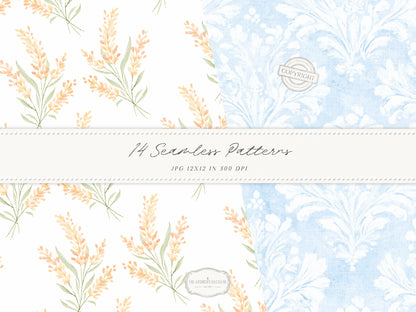 Modern Cinderella - Seamless Patterns, French Blue Floral, Hydrangea, Damask, Stripe, Gingham, Romantic | 14 JPEG