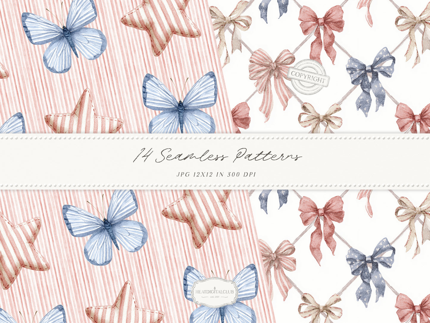 Quiet Americana - Seamless Patterns, Patriotic, 4th of July, Vintage Floral Stripe Quilt, Soft Red Blue Patterns | 14 JPEG