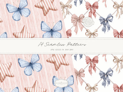Quiet Americana - Seamless Patterns, Patriotic, 4th of July, Vintage Floral Stripe Quilt, Soft Red Blue Patterns | 14 JPEG