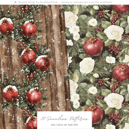 Winter Pomegranate - Seamless Patterns, Holiday Christmas, Fruit, Rustic | 10 JPEG