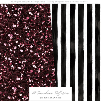 Dark Circus - Seamless Patterns, Gothic, Burgundy, Halloween | 10 JPEG