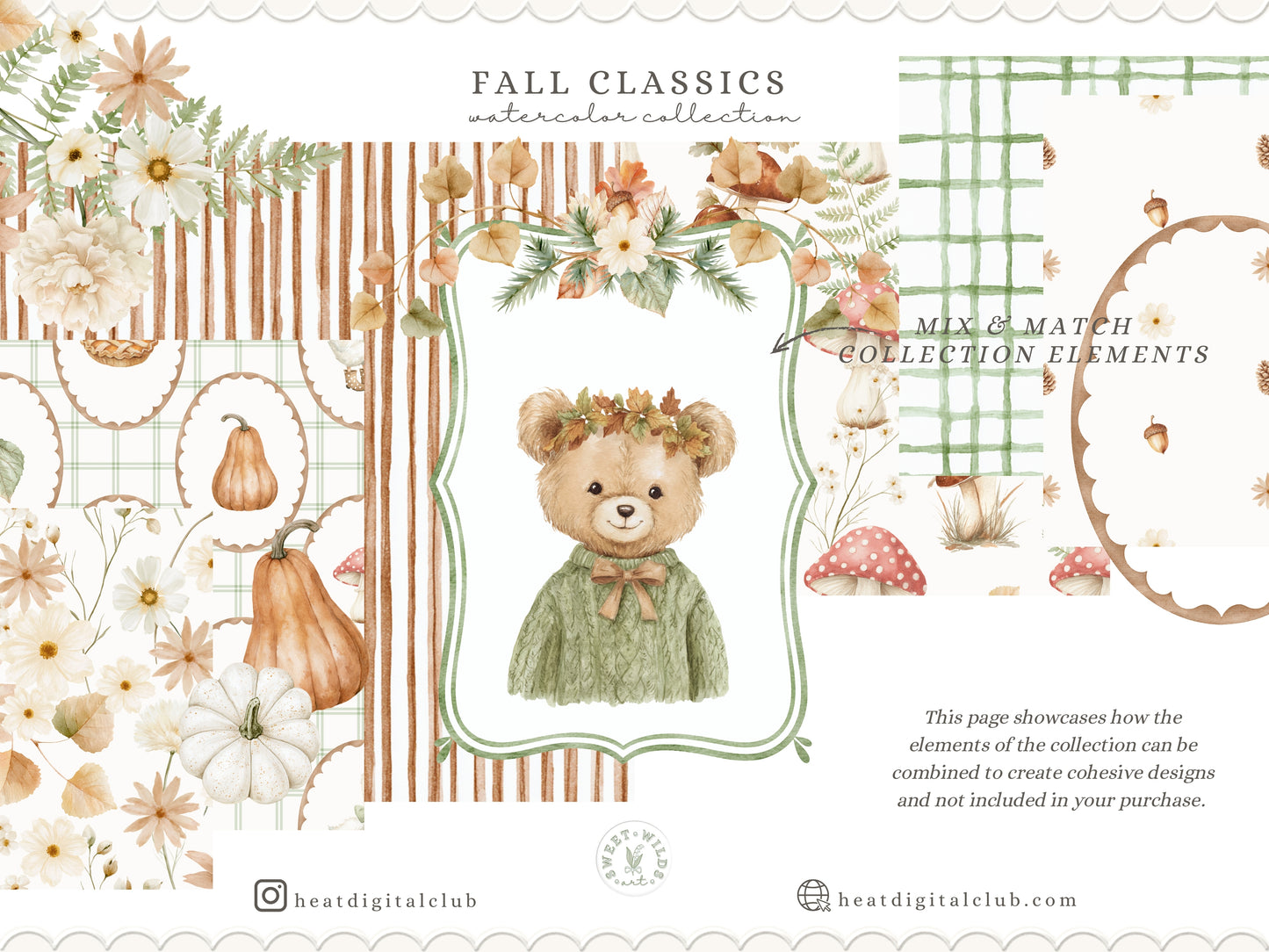 Fall Classics - Teddy Bears Clipart Bundle, Autumn Kids Animals, Vintage Toys, Goose, Pumpkins, Cozy Nursery | 110 PNG/JPEG