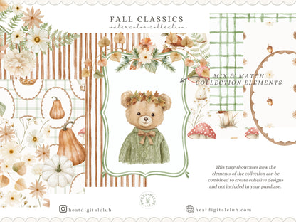 Fall Classics - Teddy Bears Clipart Bundle, Autumn Kids Animals, Vintage Toys, Goose, Pumpkins, Cozy Nursery | 110 PNG/JPEG