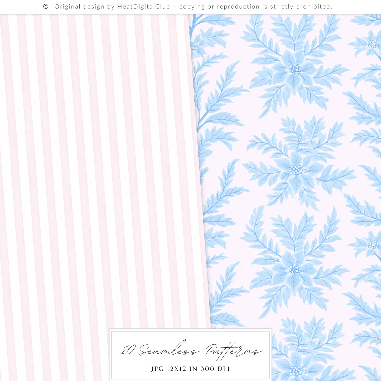 Pastel Noël - Seamless Christmas Patterns, Grandmillennial, Pink Blue Chinoiserie | 10 JPEG