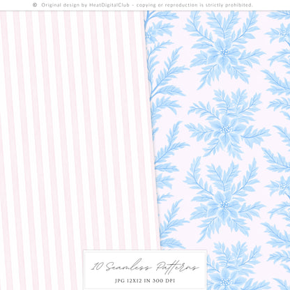 Pastel Noël - Seamless Christmas Patterns, Grandmillennial, Pink Blue Chinoiserie | 10 JPEG