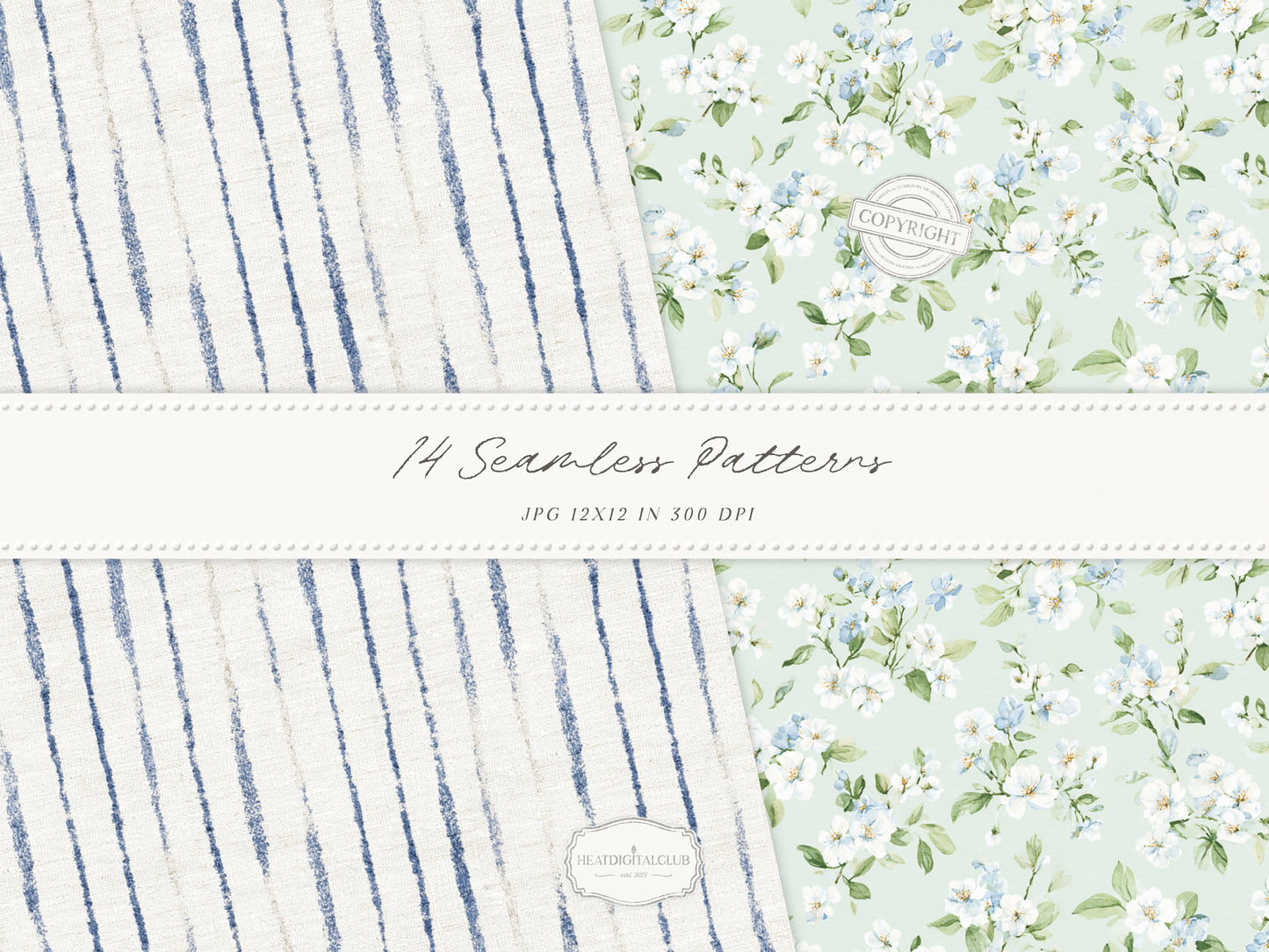 Easter Elegance - Seamless Patterns, Chinoiserie Spring, Elegant Hydrangeas | 14 JPEG