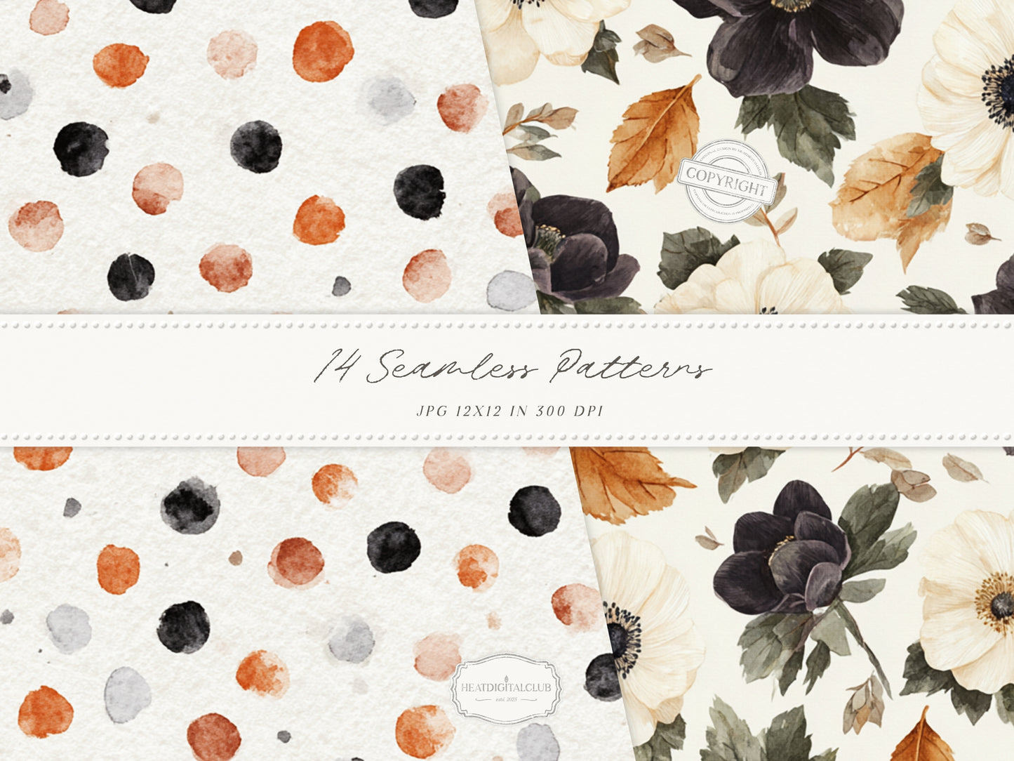 Fall After Dark - Seamless Patterns, Dark Coquette Fall, Black Lace Autumn Patterns, Moody Floral | 14 JPEG