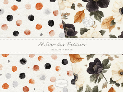 Fall After Dark - Seamless Patterns, Dark Coquette Fall, Black Lace Autumn Patterns, Moody Floral | 14 JPEG