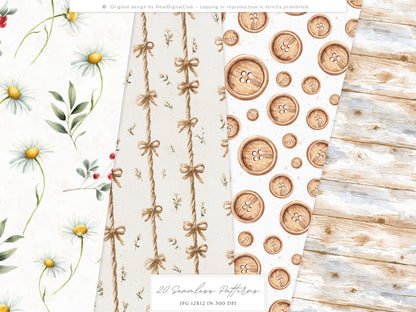 Rustic Atelier - Seamless Patterns, Neutral Floral , Cottagecore, Country, French Rustic | 20 JPEG
