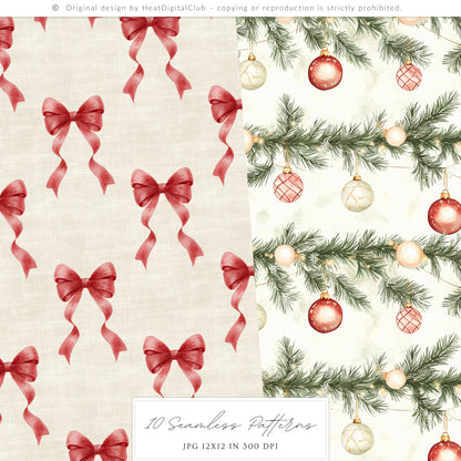 Warm Holidays - Seamless Patterns, Cozy Winter, Christmas, Poinsettia | 10 JPEG