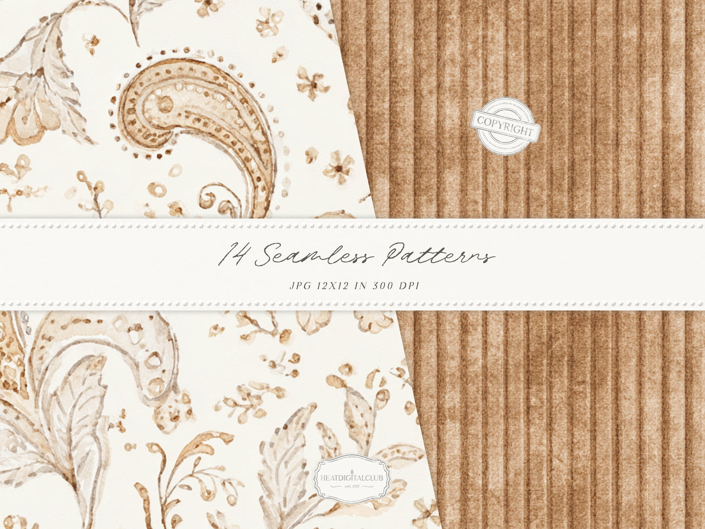 Bohemian Fall - Seamless Patterns, Boho Autumn, Cream Brown Floral Patterns, Pumpkins, Plaid | 14 JPEG