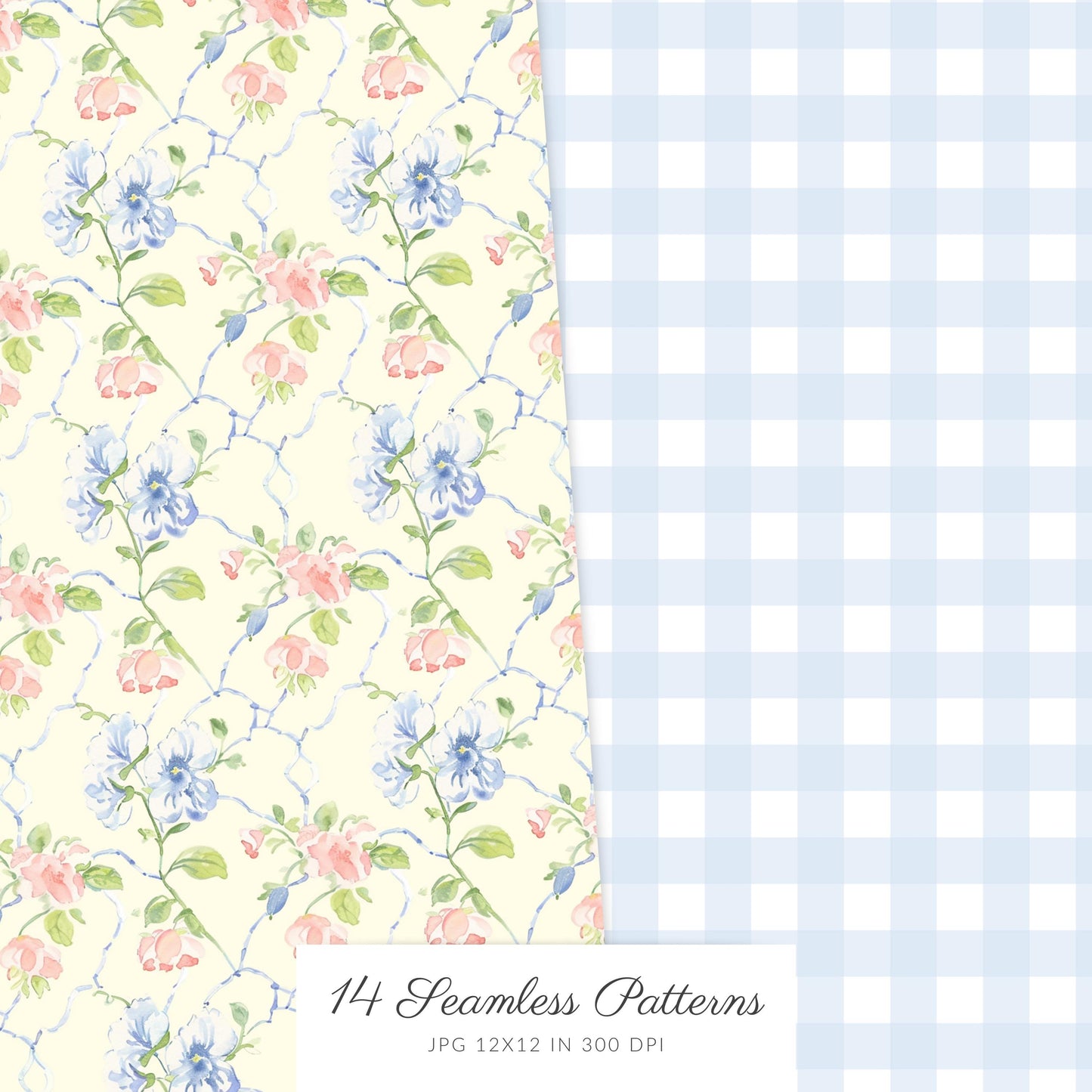 Grandmillennial - Seamless Patterns, Set 2, Pastel Floral, Stripes, Plaid, Glitter | 14 JPEG
