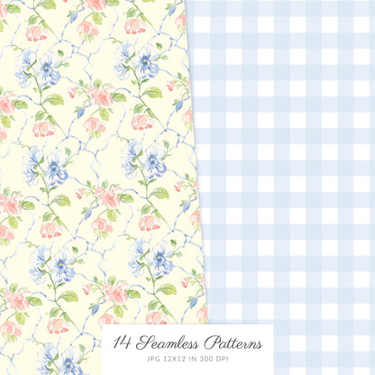 Grandmillennial - Seamless Patterns, Set 2, Pastel Floral, Stripes, Plaid, Glitter | 14 JPEG