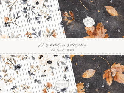 Fall After Dark - Seamless Patterns, Dark Coquette Fall, Black Lace Autumn Patterns, Moody Floral | 14 JPEG