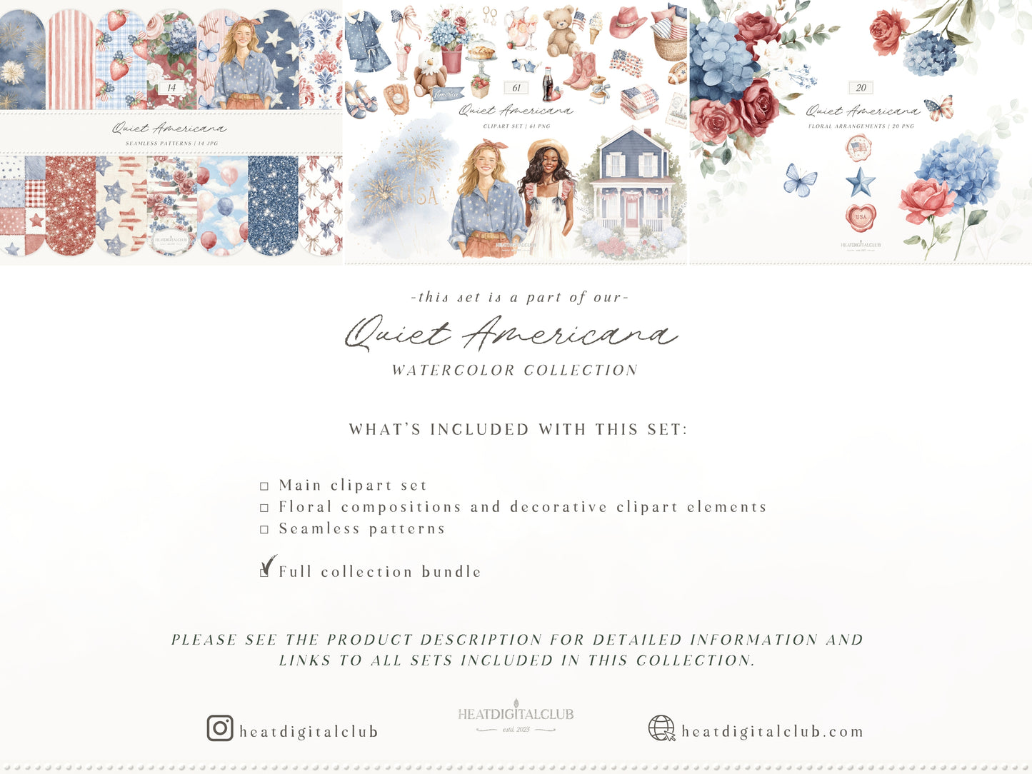 Quiet Americana - 4th of July Clipart Bundle, Vintage Summer, Independence Day, Patriotic | 95 PNG/JPEG