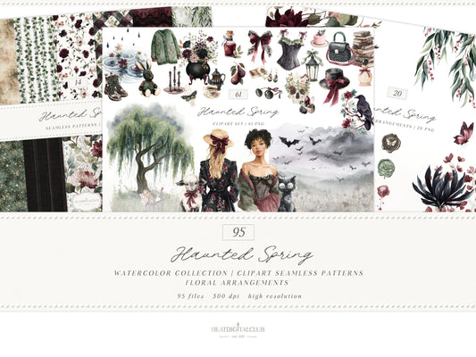 Haunted Spring - Bundle Clipart, Gothic Spring, Dark Floral, Moody Spring, Cottagecore | 95 PNG/JPEG