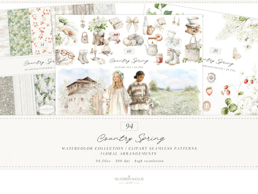 Country Spring - Bundle Clipart, Rustic Cottagecore, Strawberry Garden, French Farmhouse, Soft Neutral | 94 PNG/JPEG