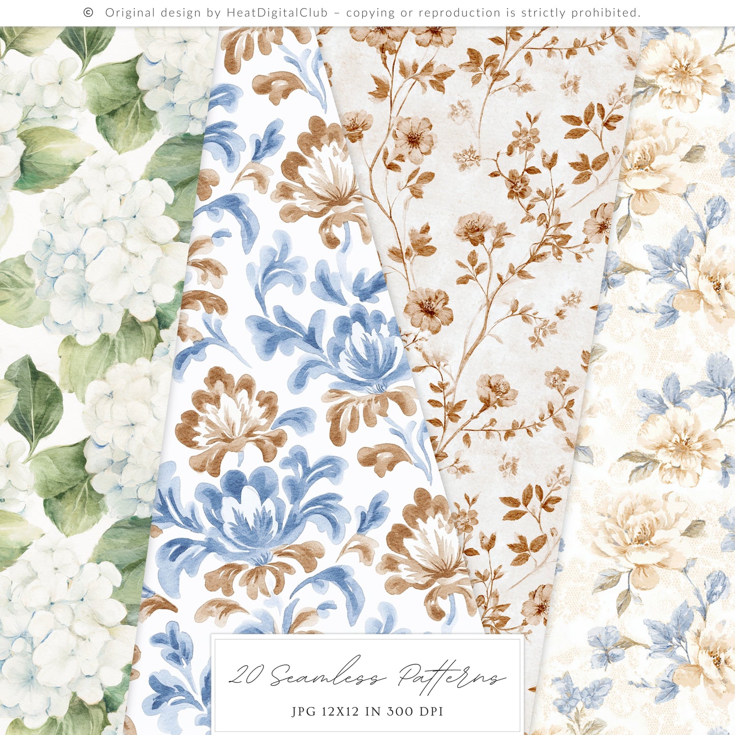 Quiet Cottage - Seamless Patterns, French Cottagecore Hydrangea, Gingham, Chinoiserie, Vintage | 20 JPEG