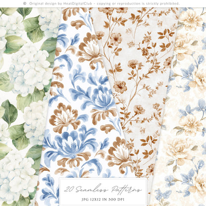 Quiet Cottage - Seamless Patterns, French Cottagecore Hydrangea, Gingham, Chinoiserie, Vintage | 20 JPEG