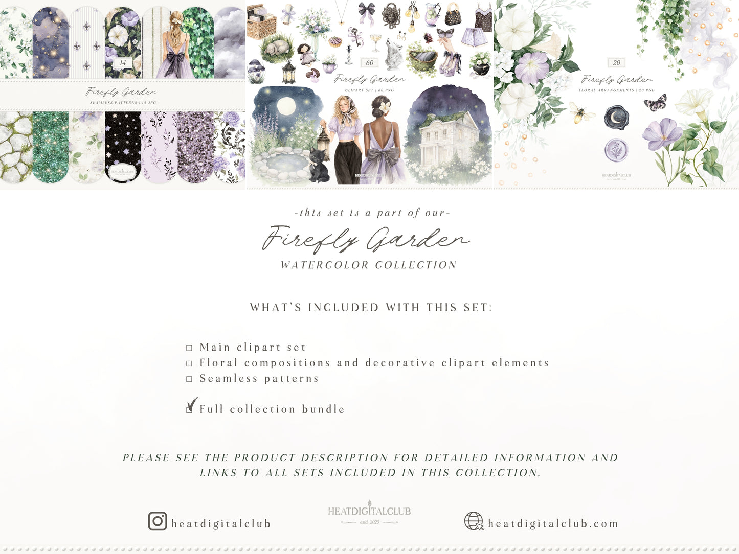 Firefly Garden - Clipart Bundle, Night Summer Garden, Moonlight, Cottagecore, Mystical Garden | 94 PNG/JPEG