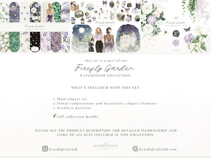 Firefly Garden - Clipart Bundle, Night Summer Garden, Moonlight, Cottagecore, Mystical Garden | 94 PNG/JPEG