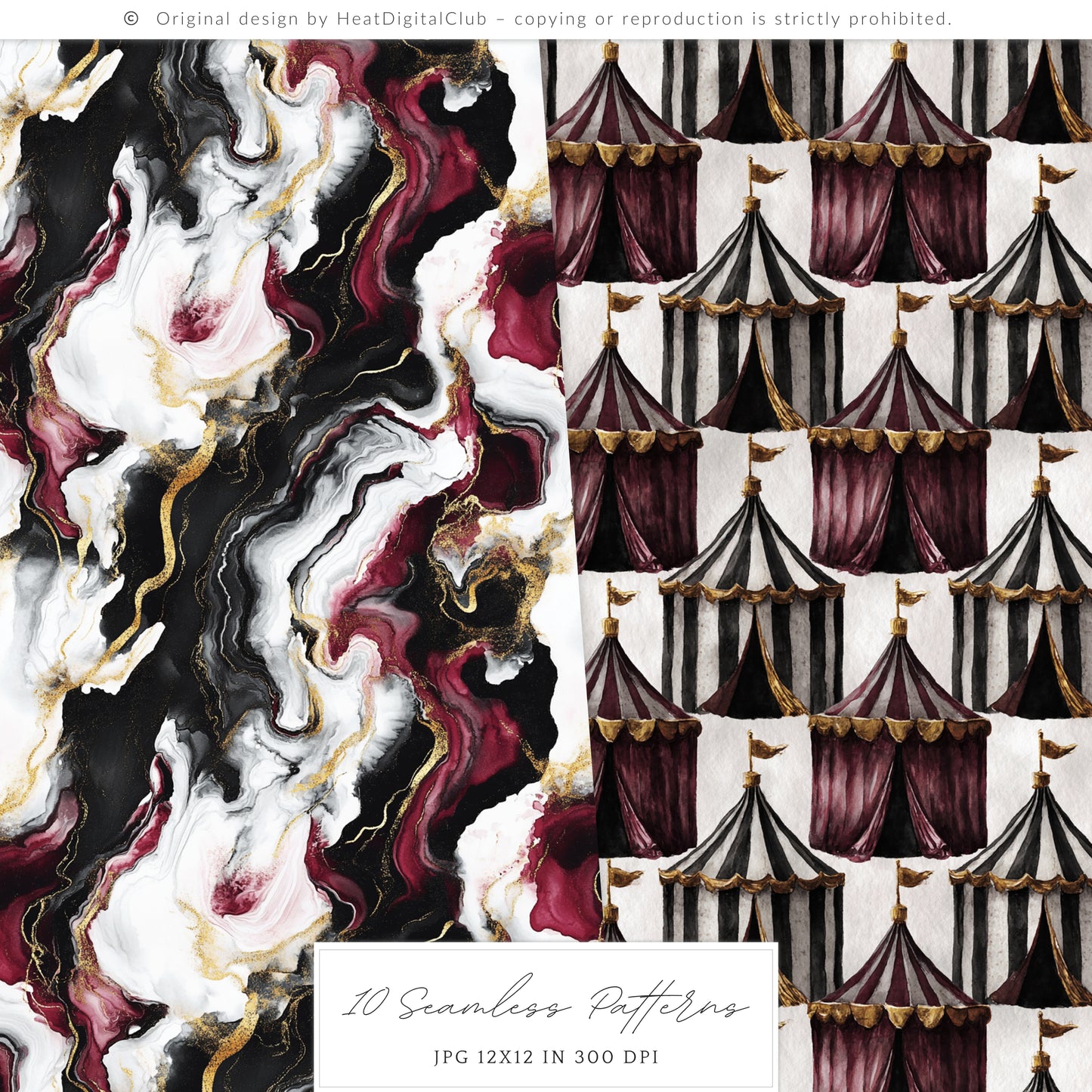 Dark Circus - Seamless Patterns, Gothic, Burgundy, Halloween | 10 JPEG