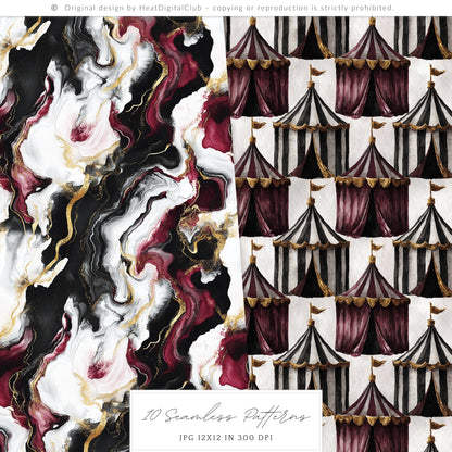 Dark Circus - Seamless Patterns, Gothic, Burgundy, Halloween | 10 JPEG