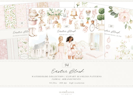 Easter Blush - Bundle Elegant Easter Clipart, Pastel Pink Spring, Cottagecore, Bunny | 94 PNG/JPEG