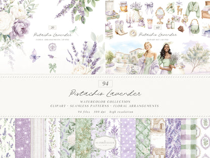 Pistachio Lavender - Bundle Clipart & Patterns, French Countryside Aesthetic, Lavender Field, Romantic Spring  | 94 PNG/JPEG