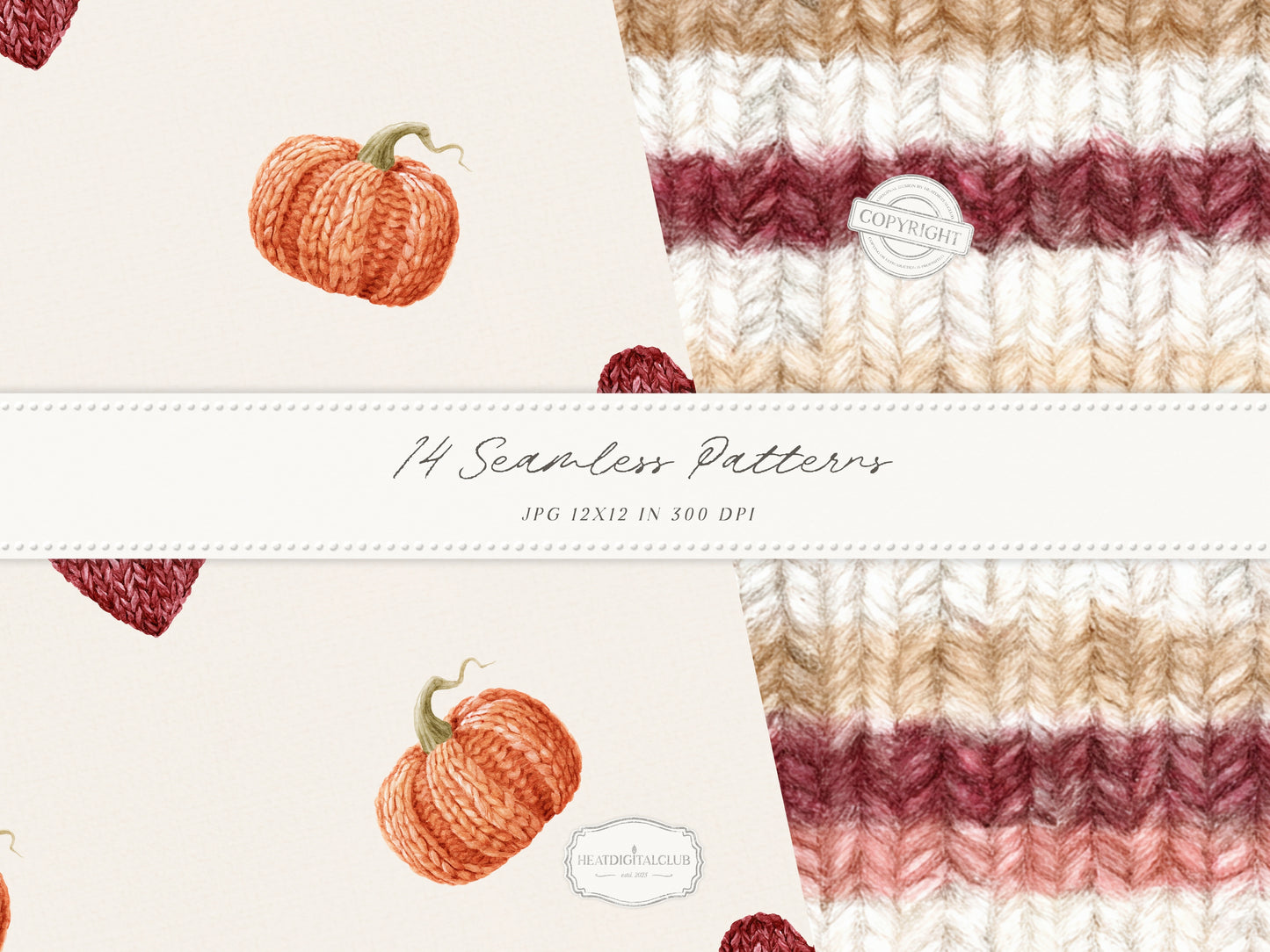 Knitted Fall - Seamless Patterns, Autumn Gingham Paper, Cozy Knit Pattern, Pumpkin Paper, Fall Scrapbook | 14 JPEG