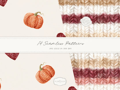 Knitted Fall - Seamless Patterns, Autumn Gingham Paper, Cozy Knit Pattern, Pumpkin Paper, Fall Scrapbook | 14 JPEG