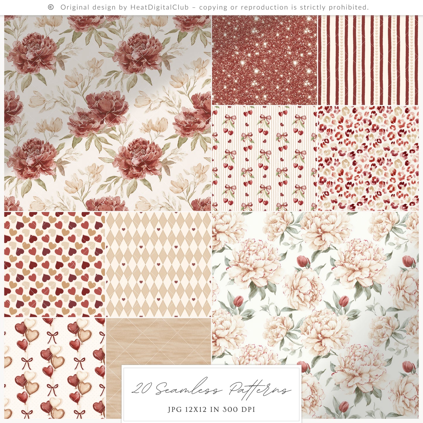 Cherry in Love - Valentine' Day Seamless Patterns, Romantic Love, Hearts Floral, Gingham | 20 JPEG