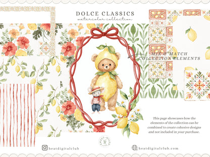 Dolce Classics - Italian Teddy Bear Clipart Bundle, Dolce Vita Animals, Lemon Summer, Cute Nursery , Baby Shower | 98 PNG/JPEG