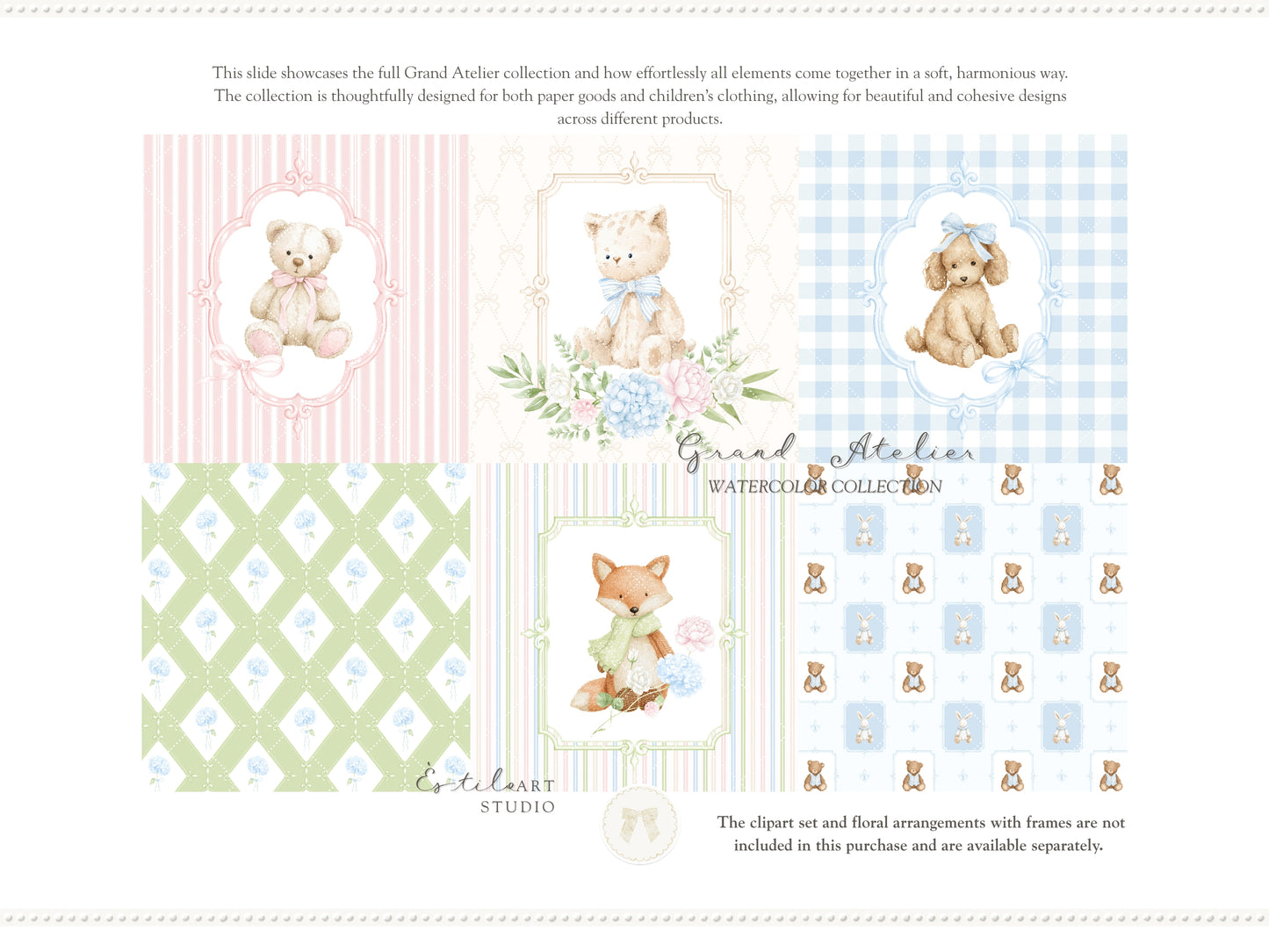 Grand Atelier - Seamless Patterns, Grandmillennial, Pastel Stripes, Gingham Check, Nursery, Vintage Baby | 24 JPEG