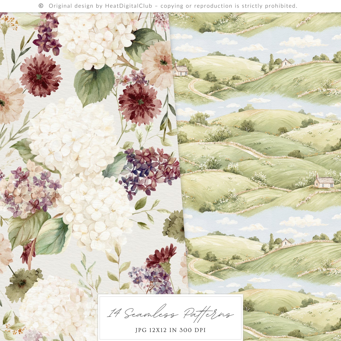 Spring Journey - Seamless Patterns, Tartan, Florals, Elegant Watercolor Pattern | 14 JPEG