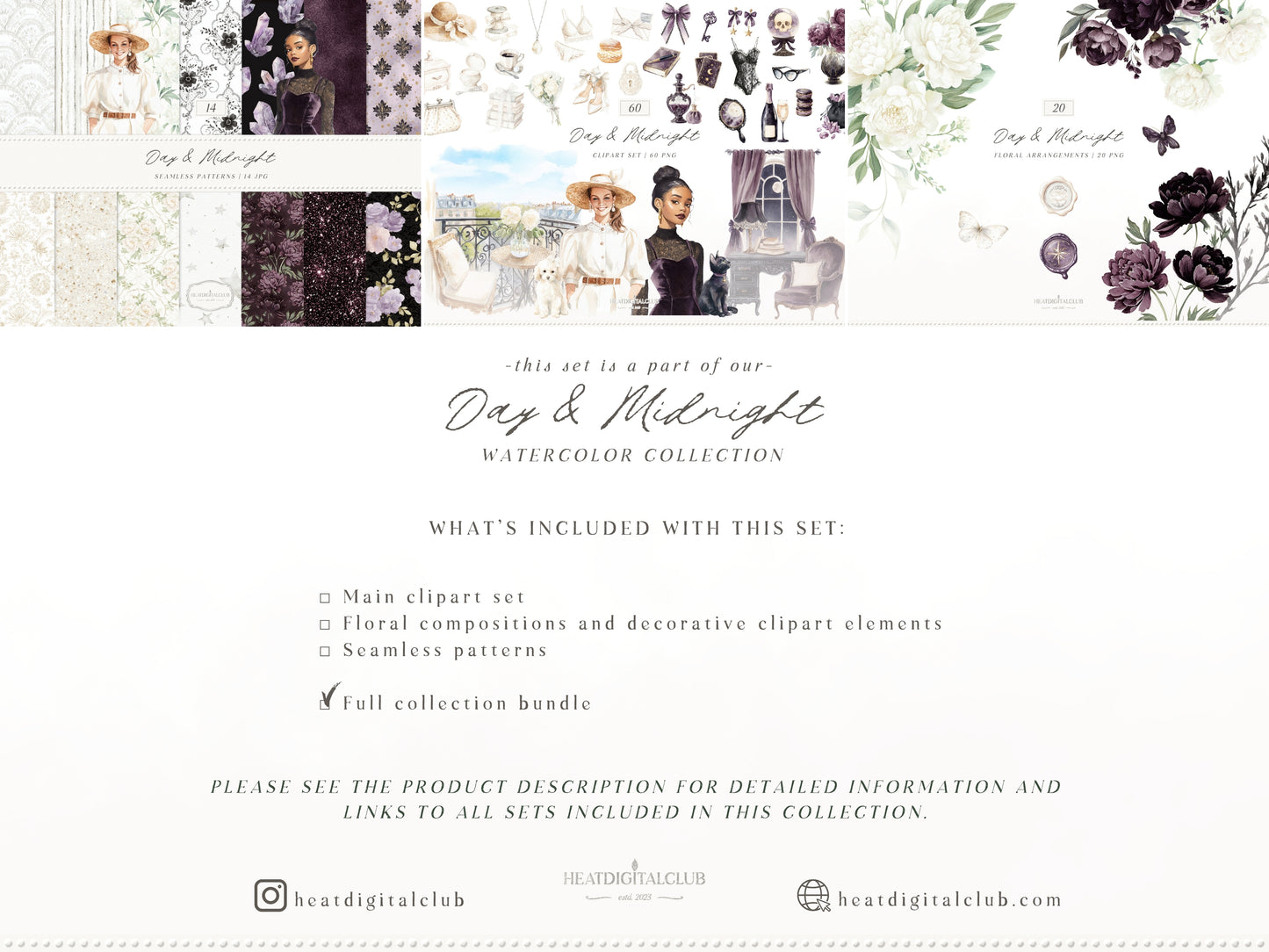Day & Midnight - Clipart Set Bundle, Romantic Dark Gothic, Feminine, Cottagecore | 94 PNG/JPEG
