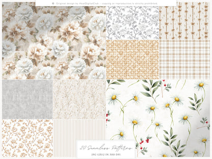 Rustic Atelier - Seamless Patterns, Neutral Floral , Cottagecore, Country, French Rustic | 20 JPEG